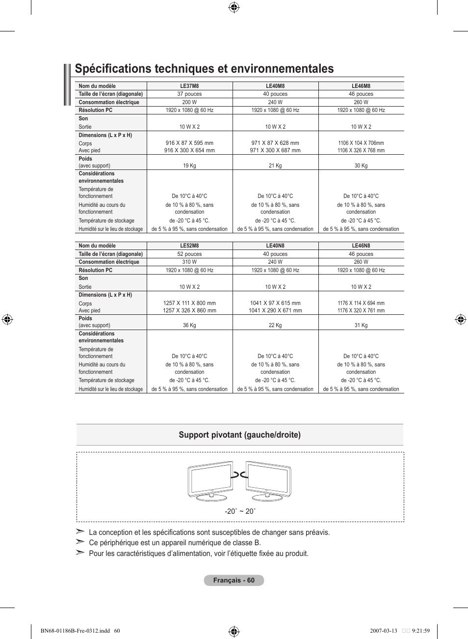 Spécifications techniques et environnementales, Support pivotant (gauche/droite) | Samsung LE52M87BD User Manual | Page 124 / 498