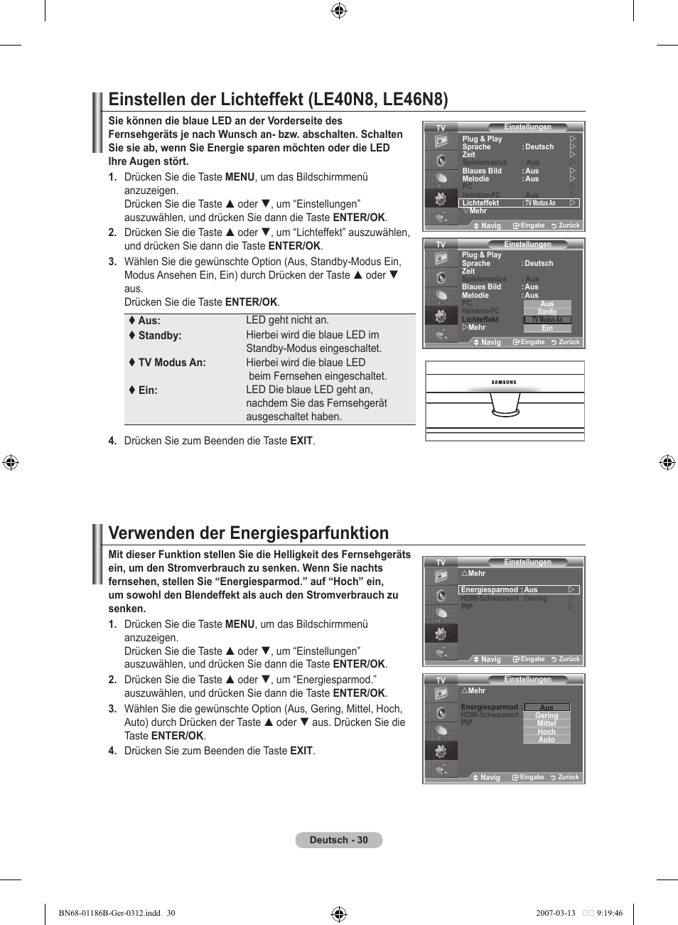 Einstellen der lichteffekt (le0n8, le6n8), Verwenden der energiesparfunktion | Samsung LE52M87BD User Manual | Page 156 / 498