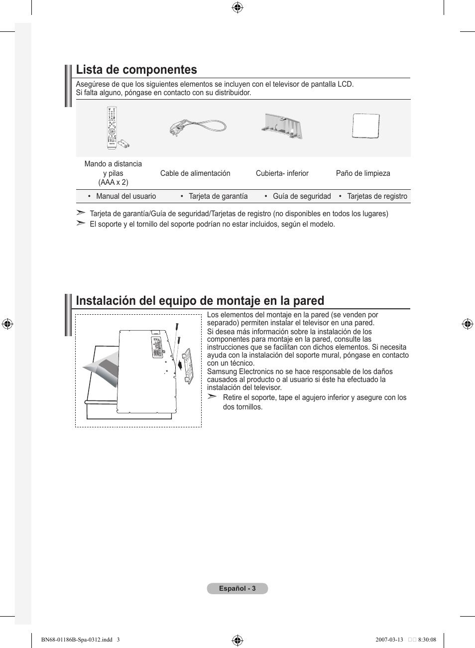 Lista de componentes, Instalación del equipo de montaje en la pared | Samsung LE52M87BD User Manual | Page 315 / 498