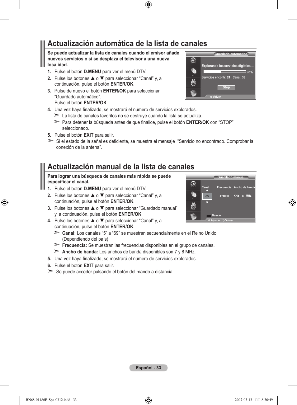 Actualización automática de la lista de canales, Actualización manual de la lista de canales | Samsung LE52M87BD User Manual | Page 345 / 498