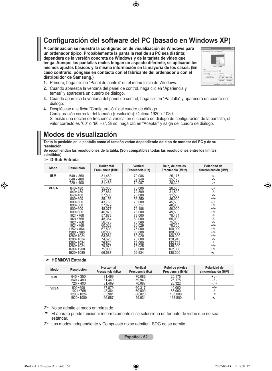 Modos de visualización | Samsung LE52M87BD User Manual | Page 364 / 498