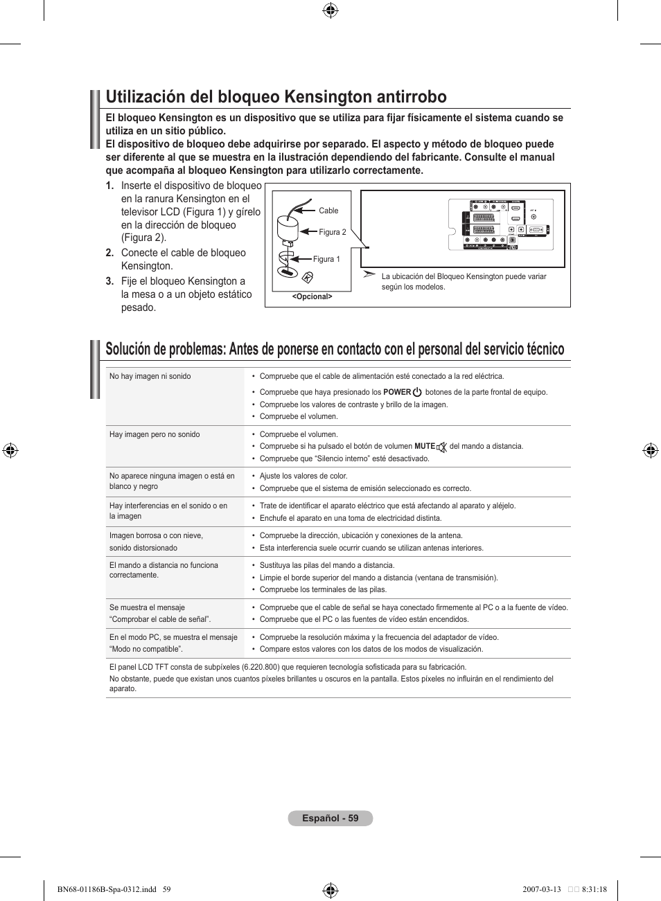 Utilización del bloqueo kensington antirrobo | Samsung LE52M87BD User Manual | Page 371 / 498