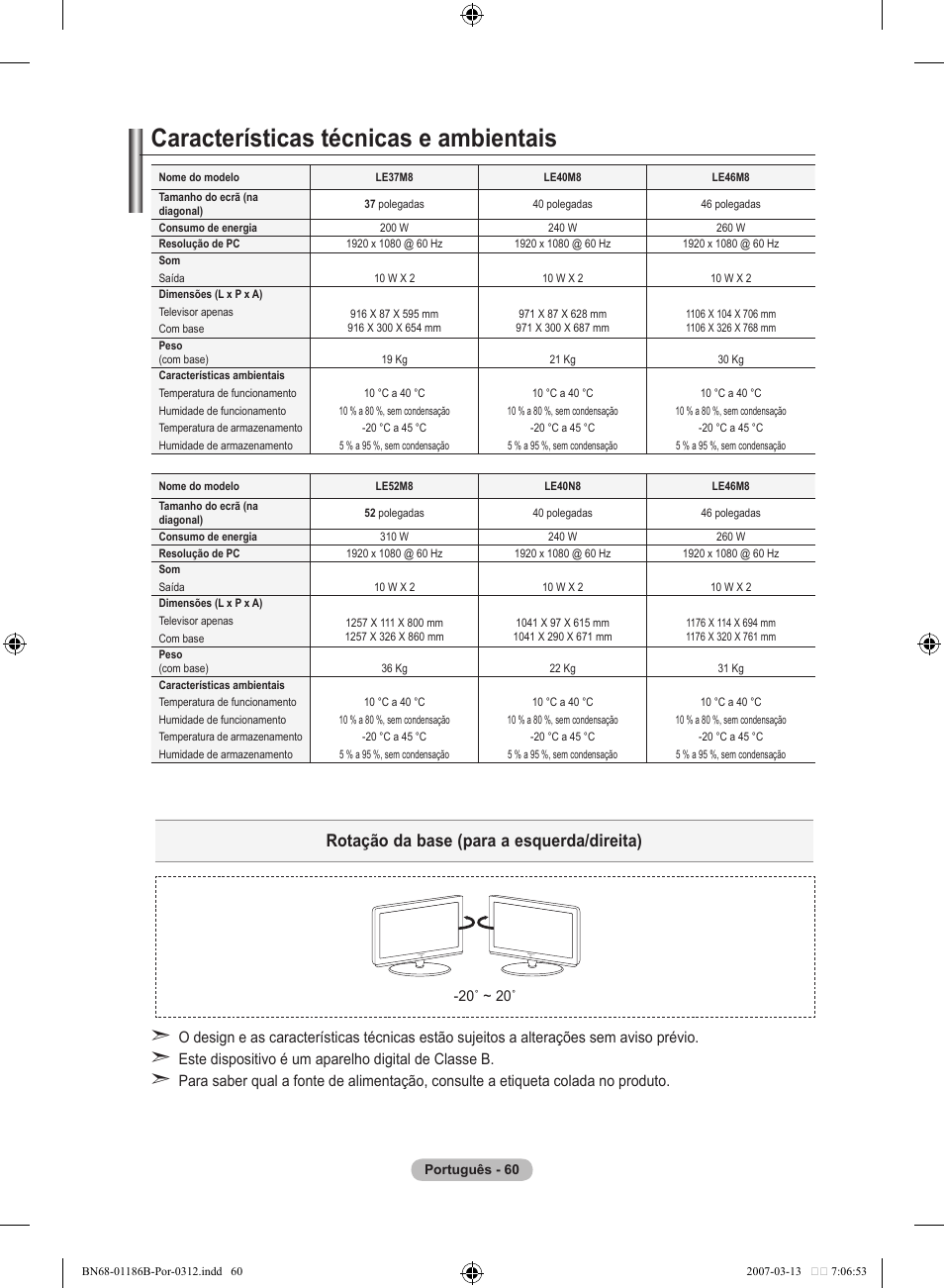 Características técnicas e ambientais, Rotação da base (para a esquerda/direita) | Samsung LE52M87BD User Manual | Page 434 / 498