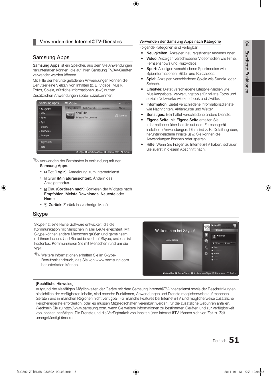 Samsung apps, Skype, Verwenden des internet@tv-dienstes | Samsung UE40S800XP User Manual | Page 179 / 192