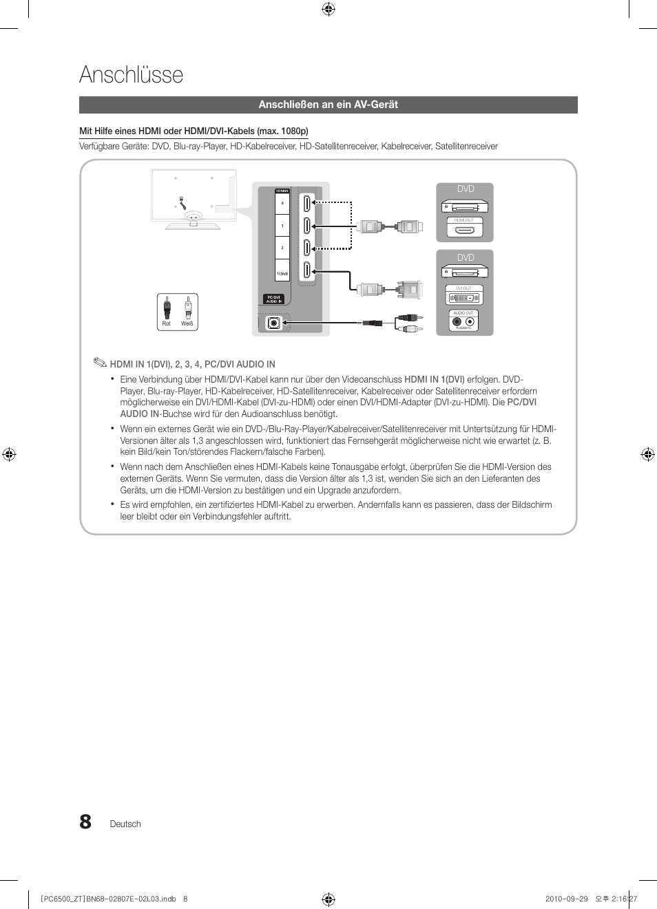 Anschlüsse | Samsung PS50C6500TP User Manual | Page 122 / 172