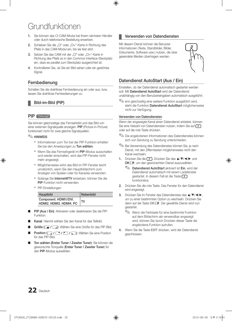 Grundfunktionen, Fernbedienung, Datendienst autostart (aus / ein) | Samsung PS50C6500TP User Manual | Page 136 / 172
