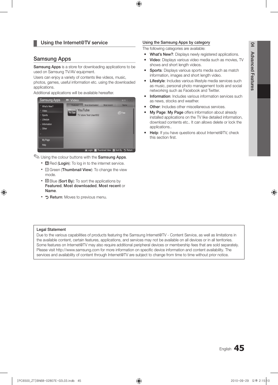 Samsung apps | Samsung PS50C6500TP User Manual | Page 45 / 172