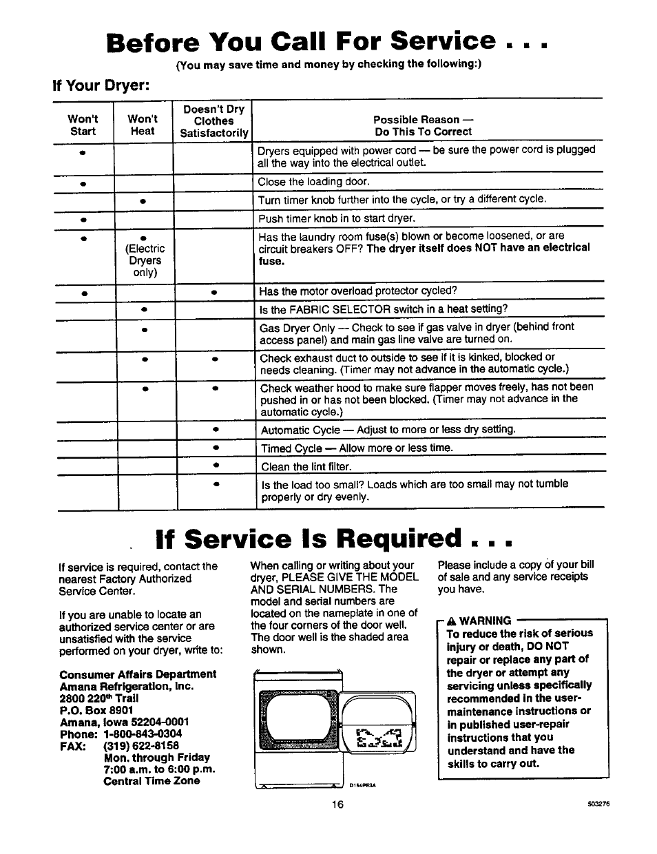 Before you call for service, If your dryer, If service is required | Amana D2491E3B User Manual | Page 16 / 17