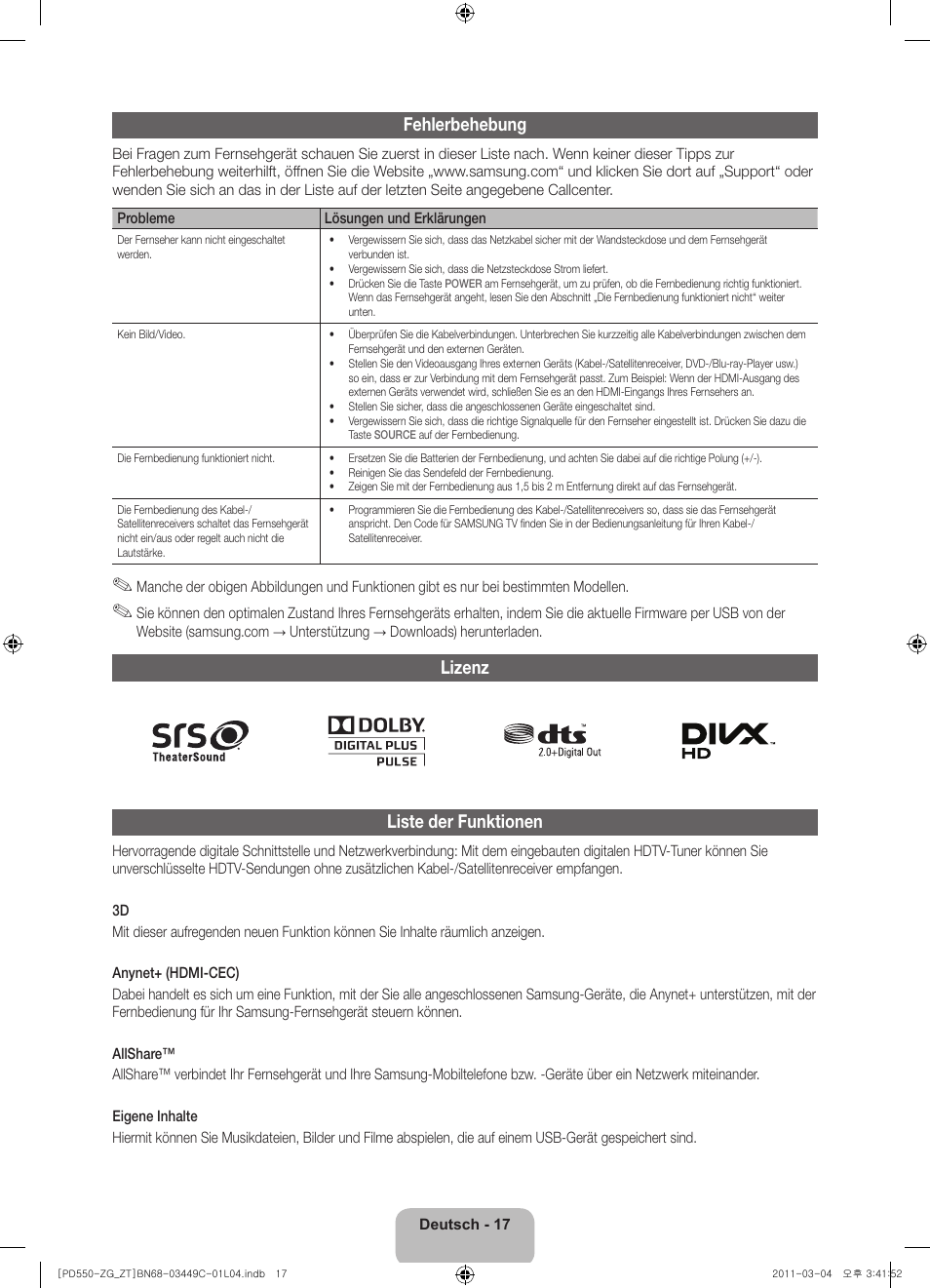 Fehlerbehebung, Lizenz liste der funktionen | Samsung PS59D550C1W User Manual | Page 37 / 78