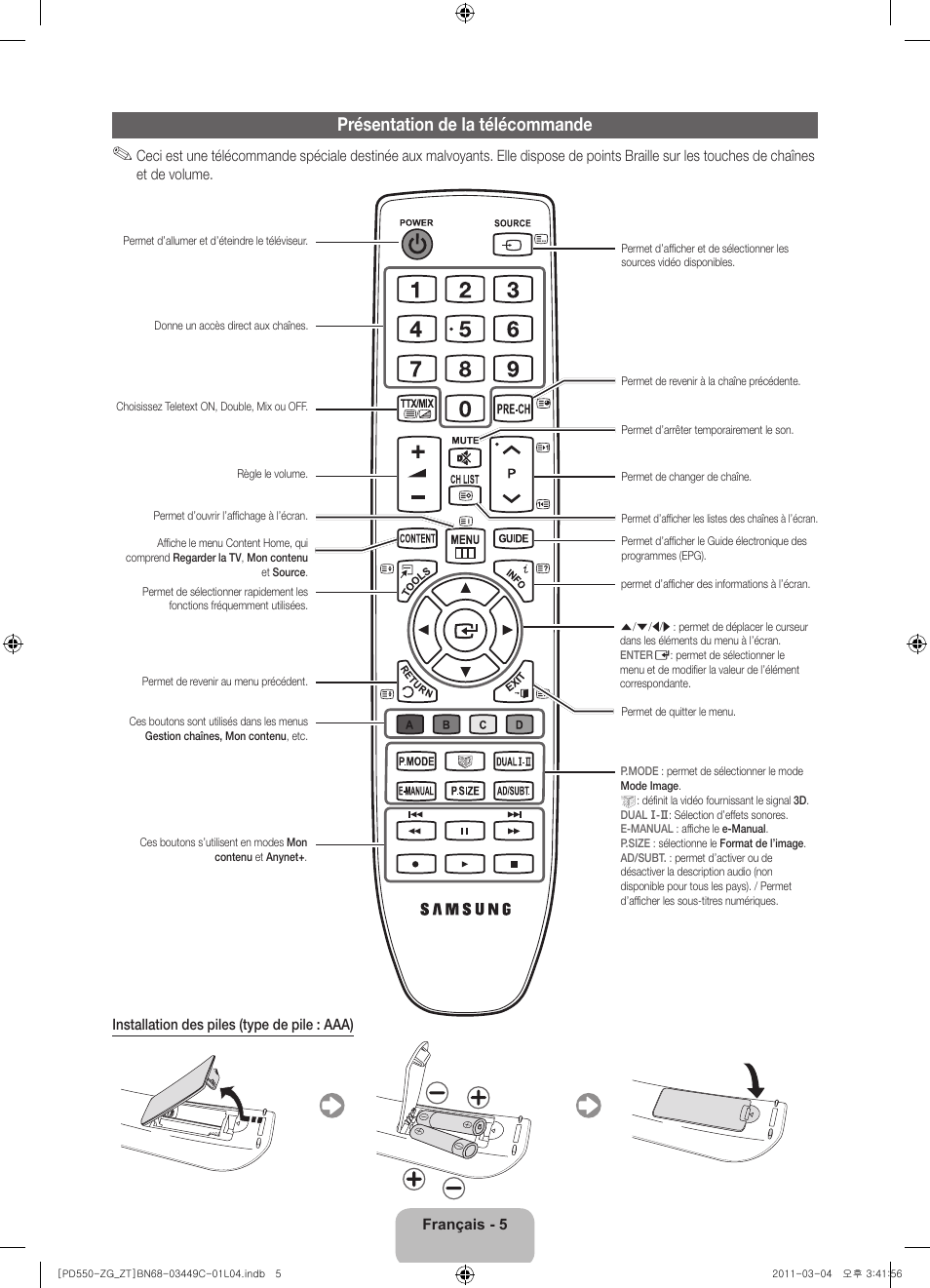 Présentation de la télécommande | Samsung PS59D550C1W User Manual | Page 43 / 78