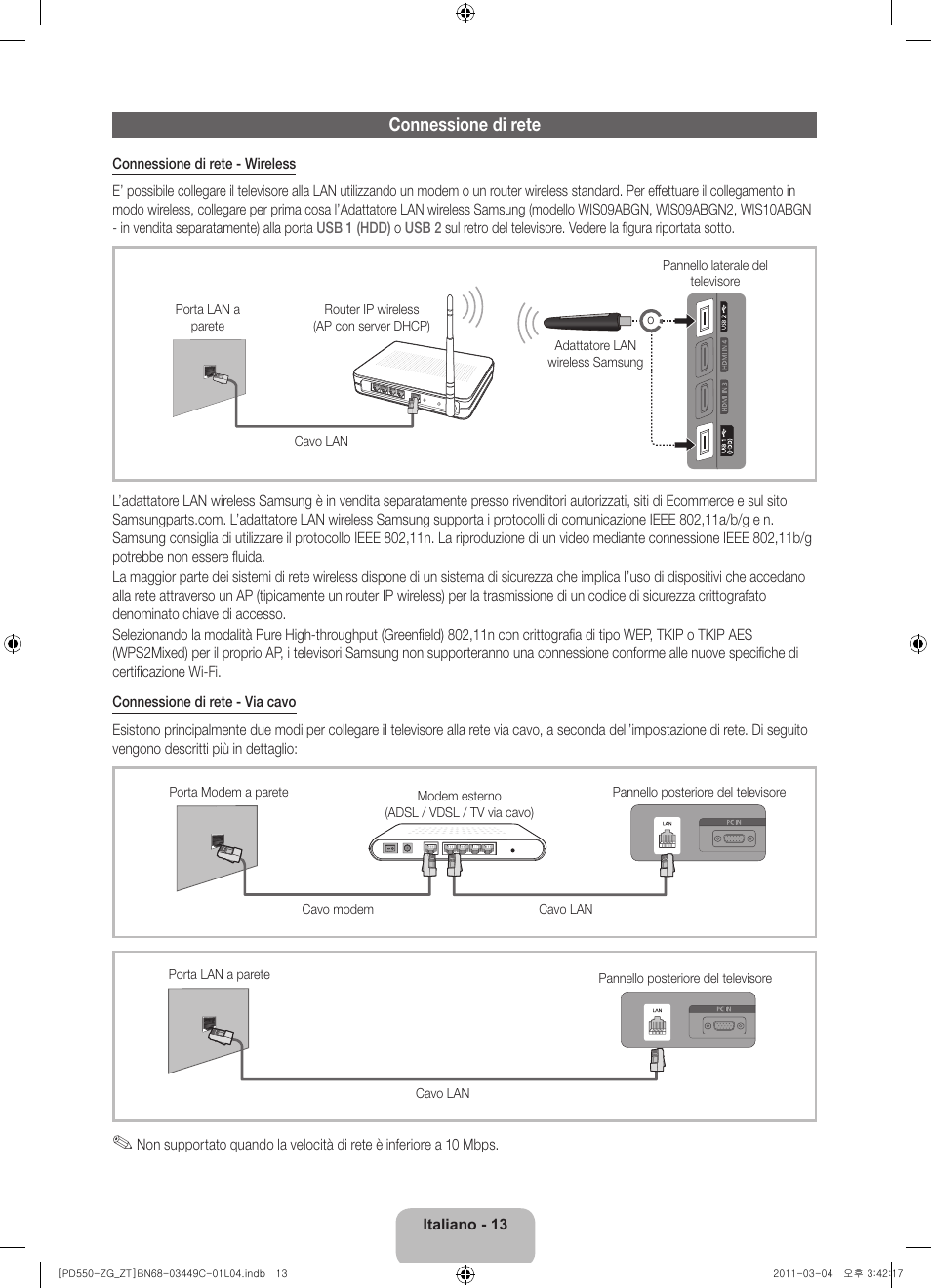 Connessione di rete | Samsung PS59D550C1W User Manual | Page 71 / 78