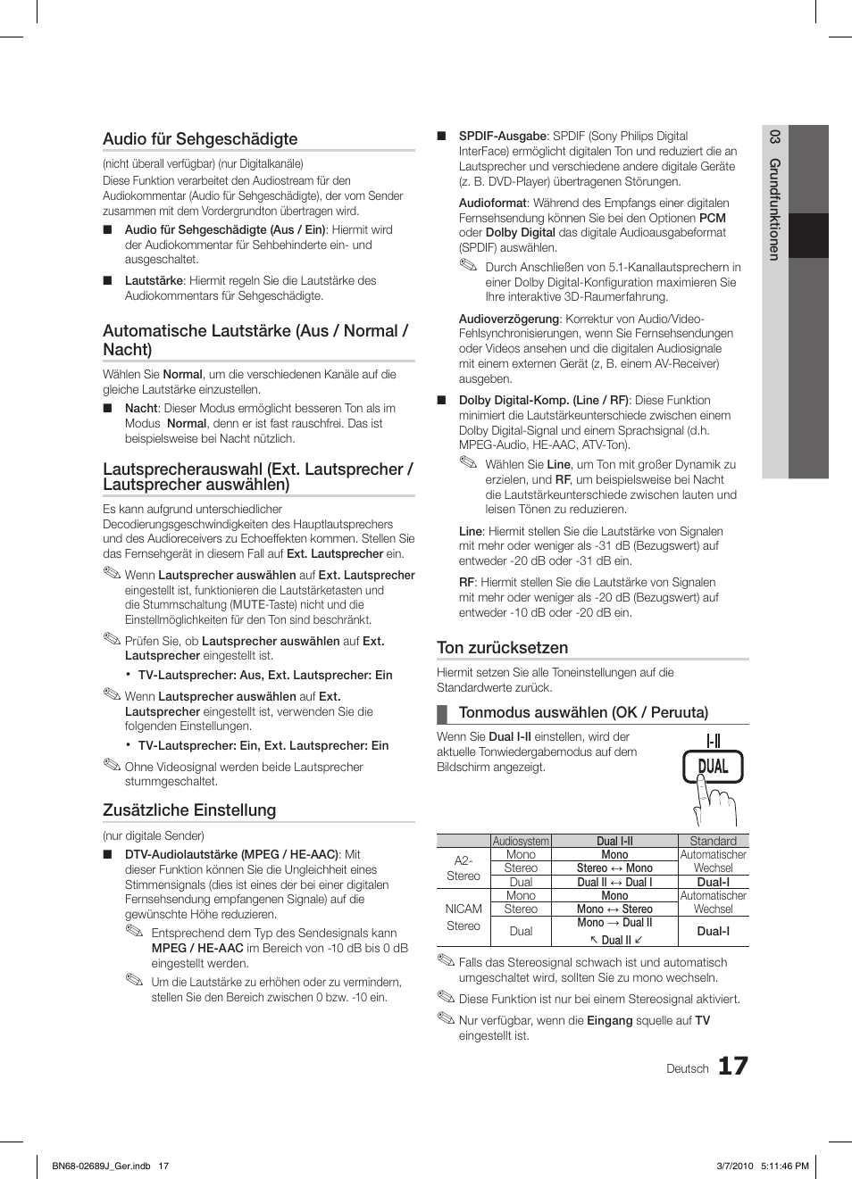 S.mode p.mode, Audio für sehgeschädigte, Automatische lautstärke (aus / normal / nacht) | Zusätzliche einstellung, Ton zurücksetzen | Samsung LE46C630K1P User Manual | Page 116 / 149