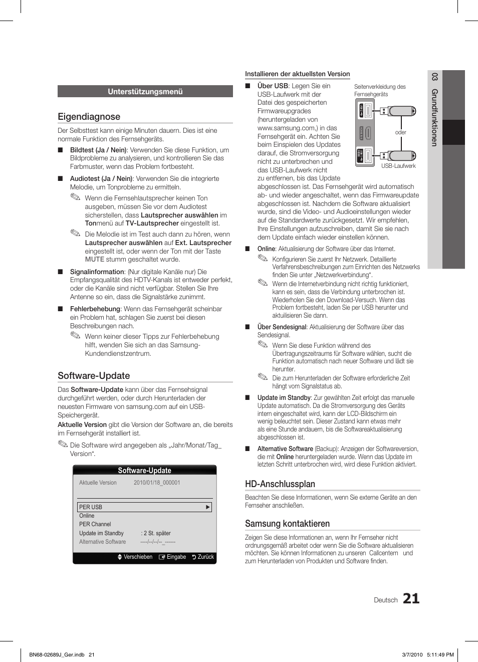 Eigendiagnose, Software-update, Hd-anschlussplan | Samsung kontaktieren | Samsung LE46C630K1P User Manual | Page 120 / 149
