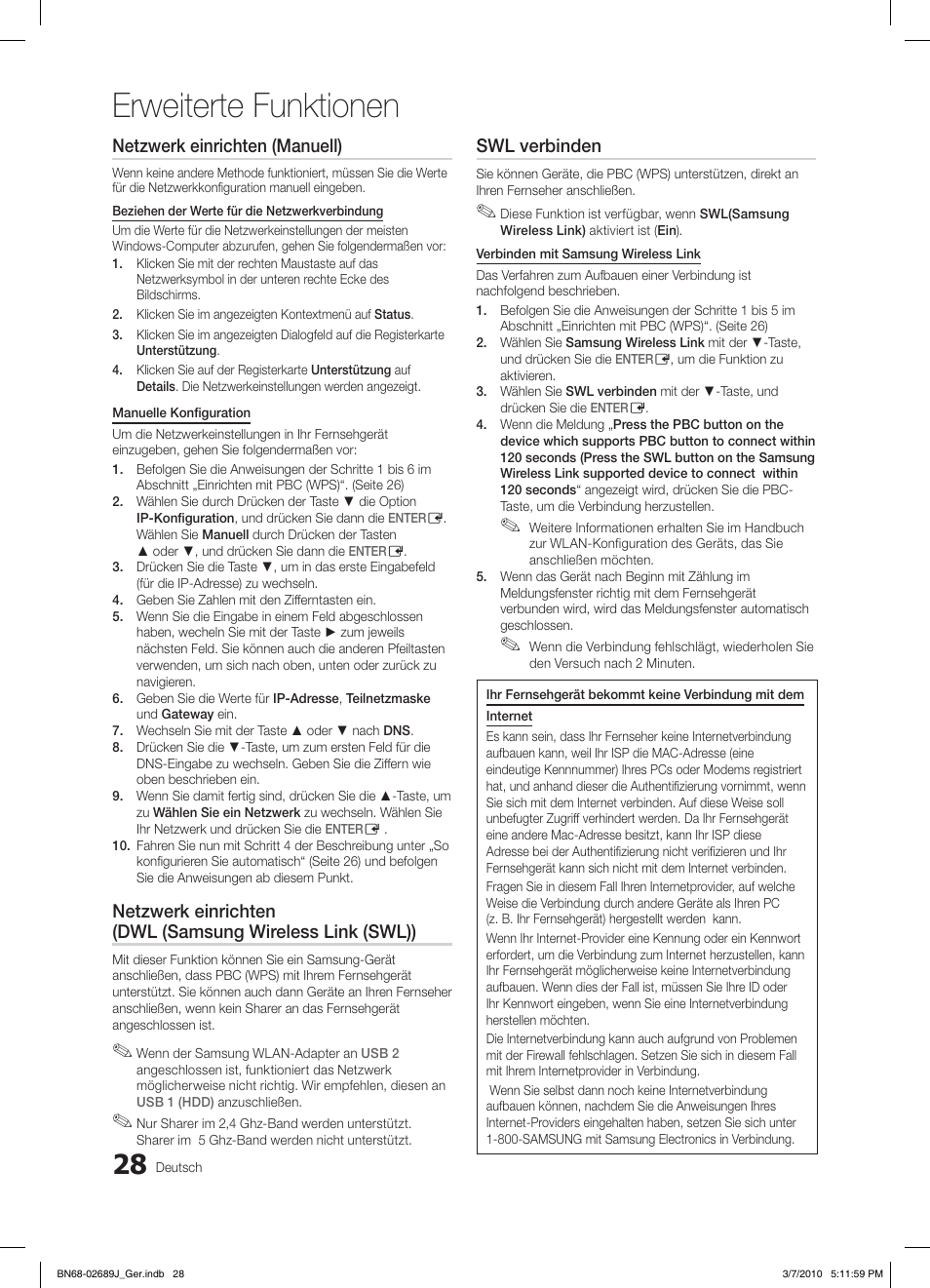 Erweiterte funktionen, Netzwerk einrichten (manuell), Swl verbinden | Samsung LE46C630K1P User Manual | Page 127 / 149
