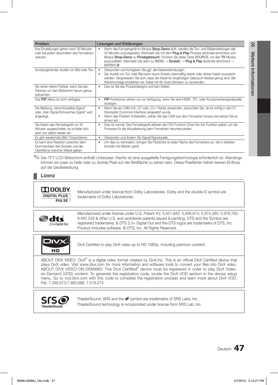 Lizenz | Samsung LE46C630K1P User Manual | Page 146 / 149