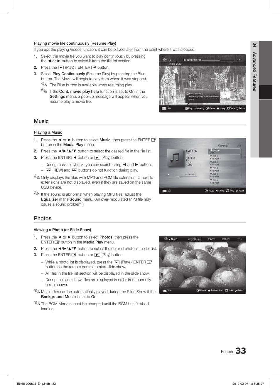 Music, Photos | Samsung LE46C630K1P User Manual | Page 33 / 149
