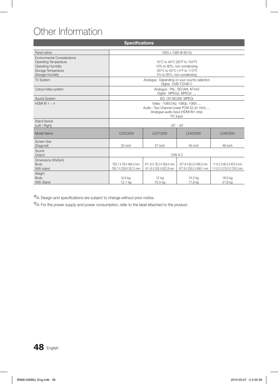Other information | Samsung LE46C630K1P User Manual | Page 48 / 149