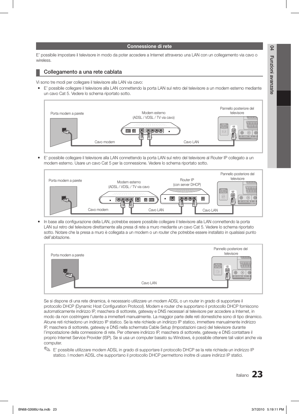 Collegamento a una rete cablata | Samsung LE46C630K1P User Manual | Page 72 / 149
