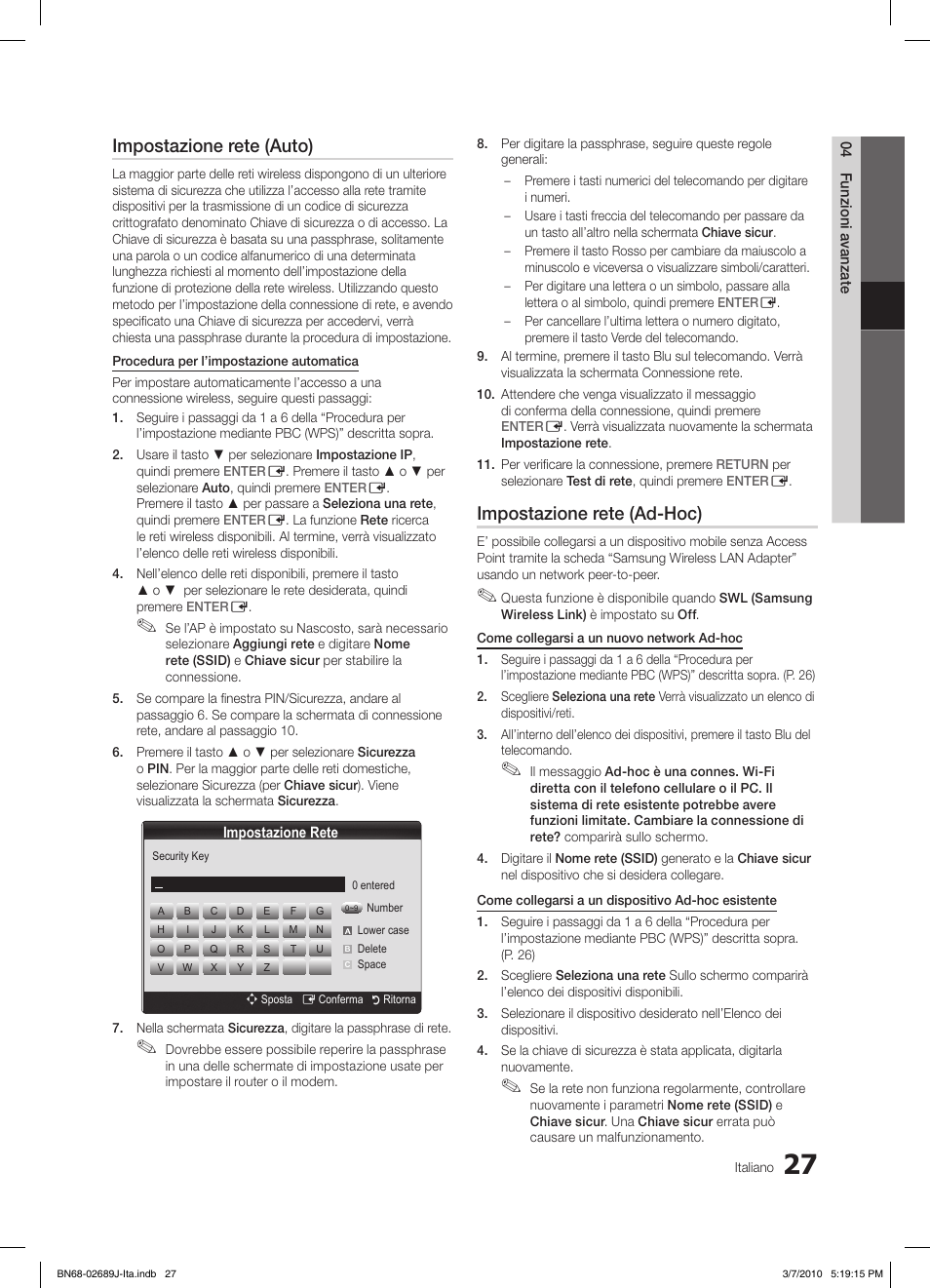 Impostazione rete (auto), Impostazione rete (ad-hoc) | Samsung LE46C630K1P User Manual | Page 76 / 149