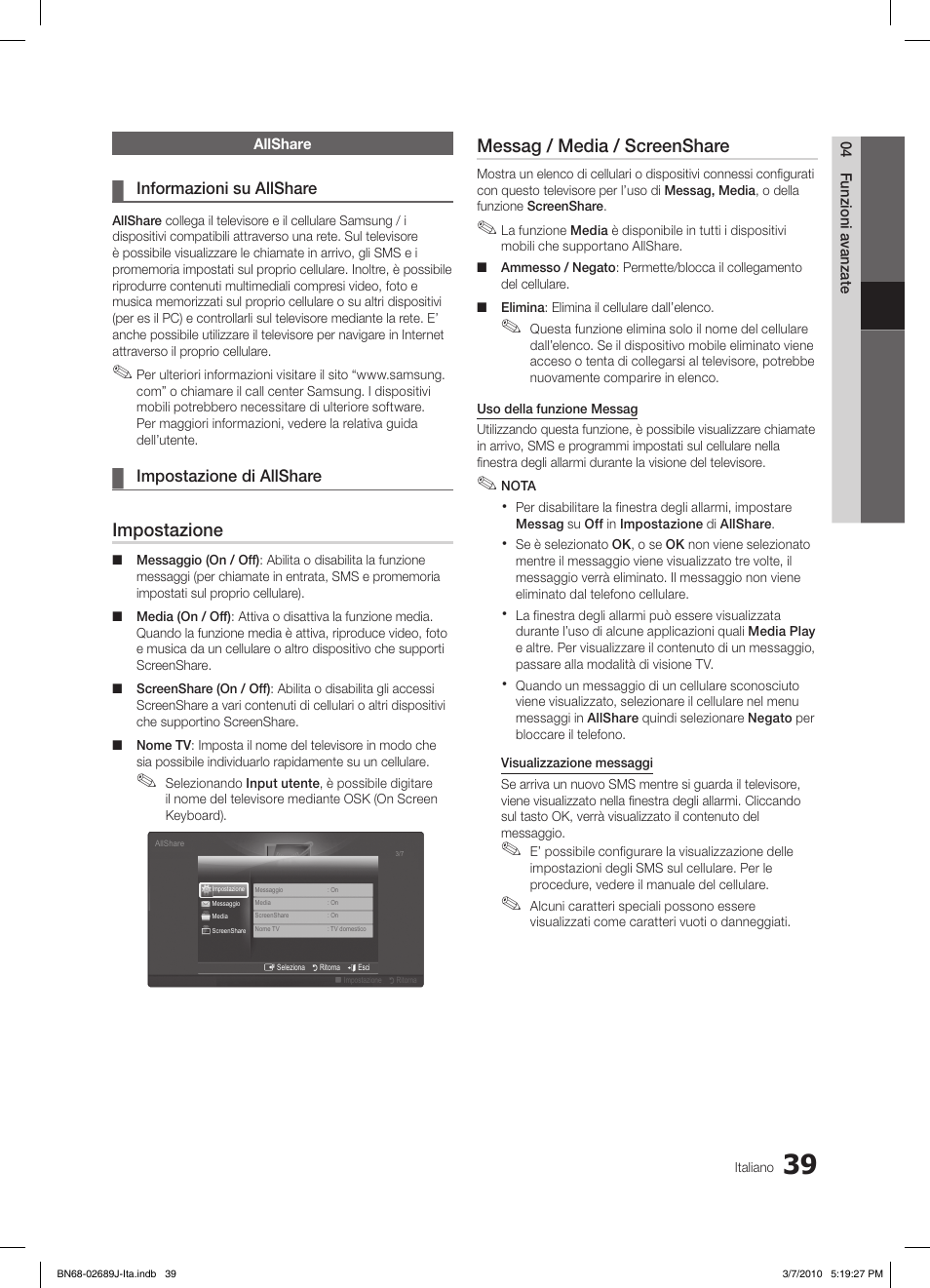 Impostazione, Messag / media / screenshare | Samsung LE46C630K1P User Manual | Page 88 / 149