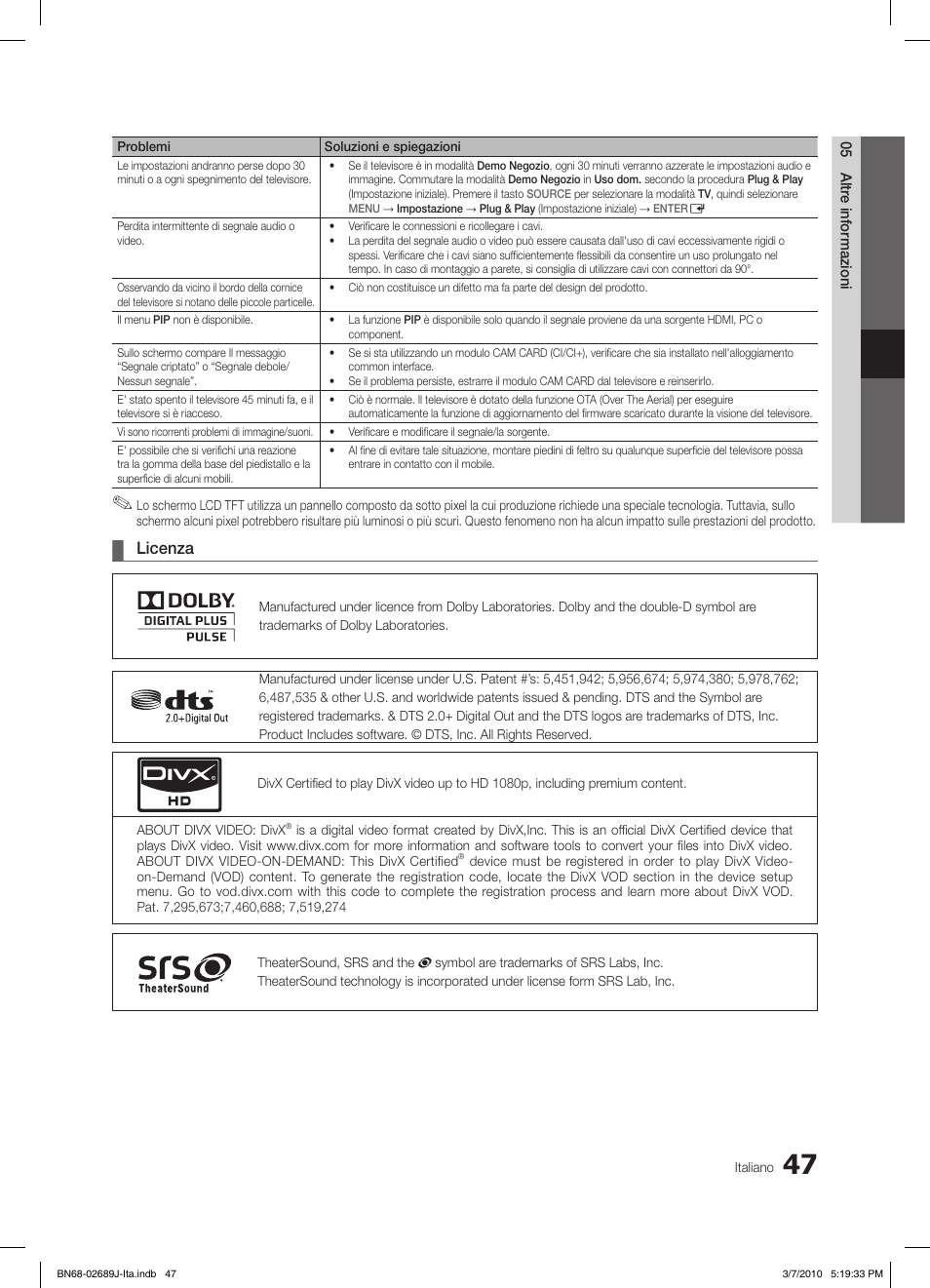 Licenza | Samsung LE46C630K1P User Manual | Page 96 / 149