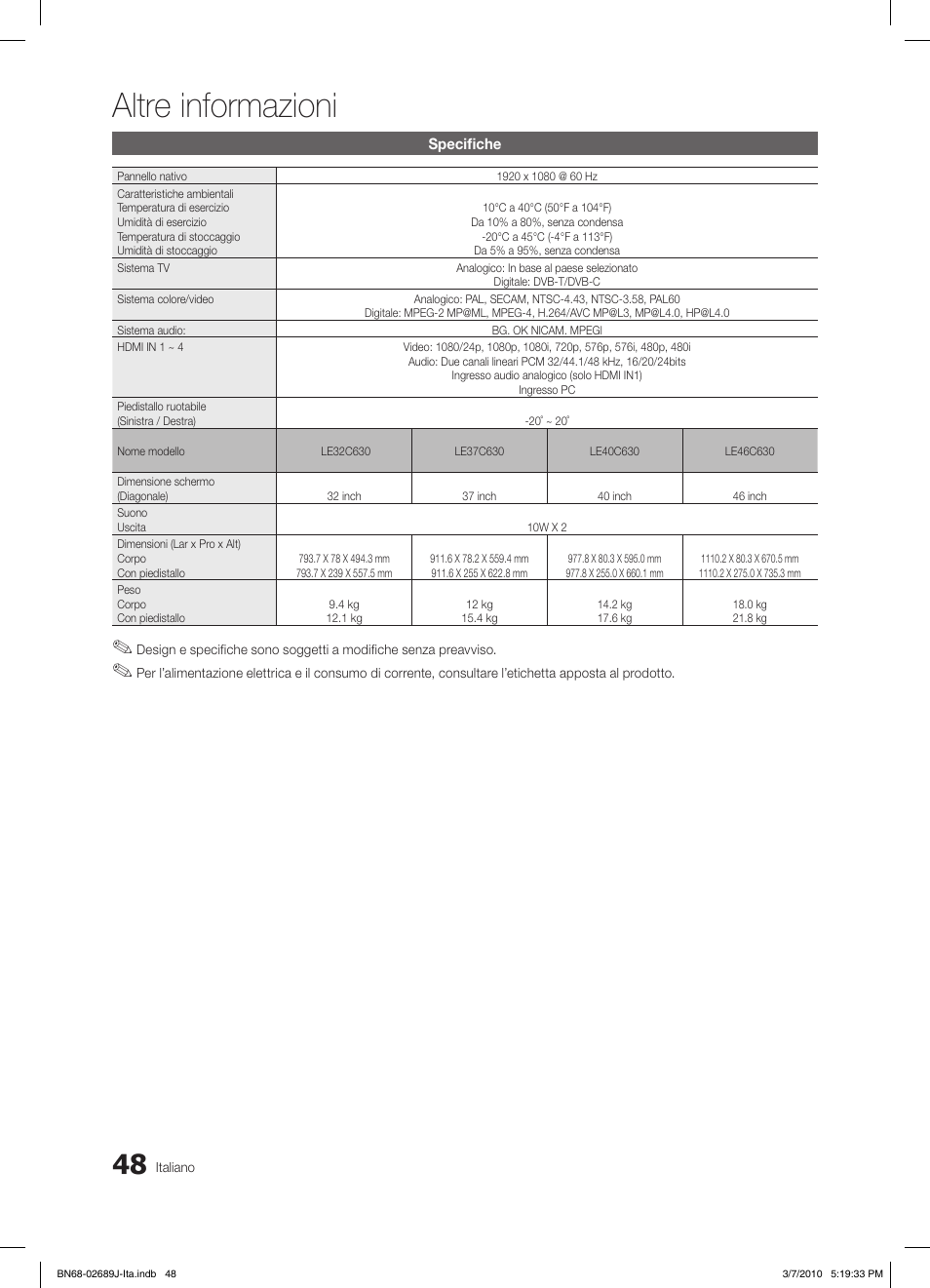 Altre informazioni | Samsung LE46C630K1P User Manual | Page 97 / 149