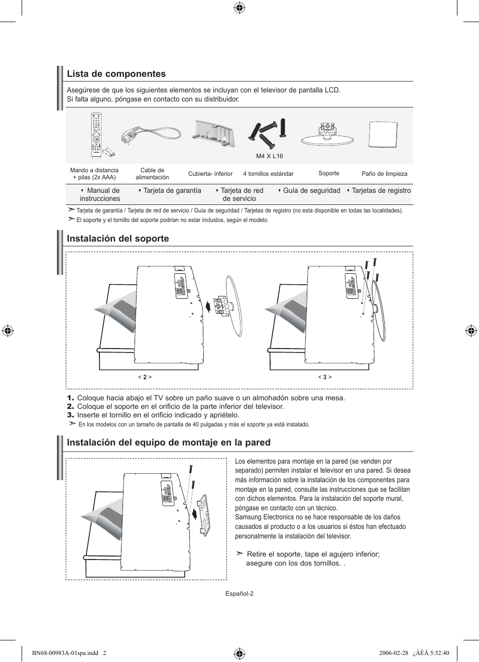 Lista de componentes, Instalación del soporte, Instalación del equipo de montaje en la pared | Samsung LE32R72B User Manual | Page 108 / 187