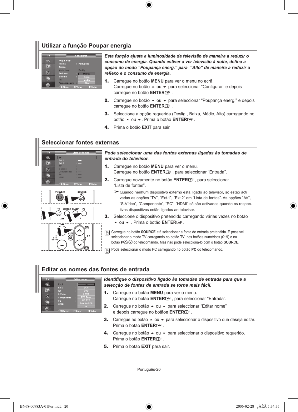 Utilizar a função poupar energia, Seleccionar fontes externas, Editar os nomes das fontes de entrada | Samsung LE32R72B User Manual | Page 152 / 187