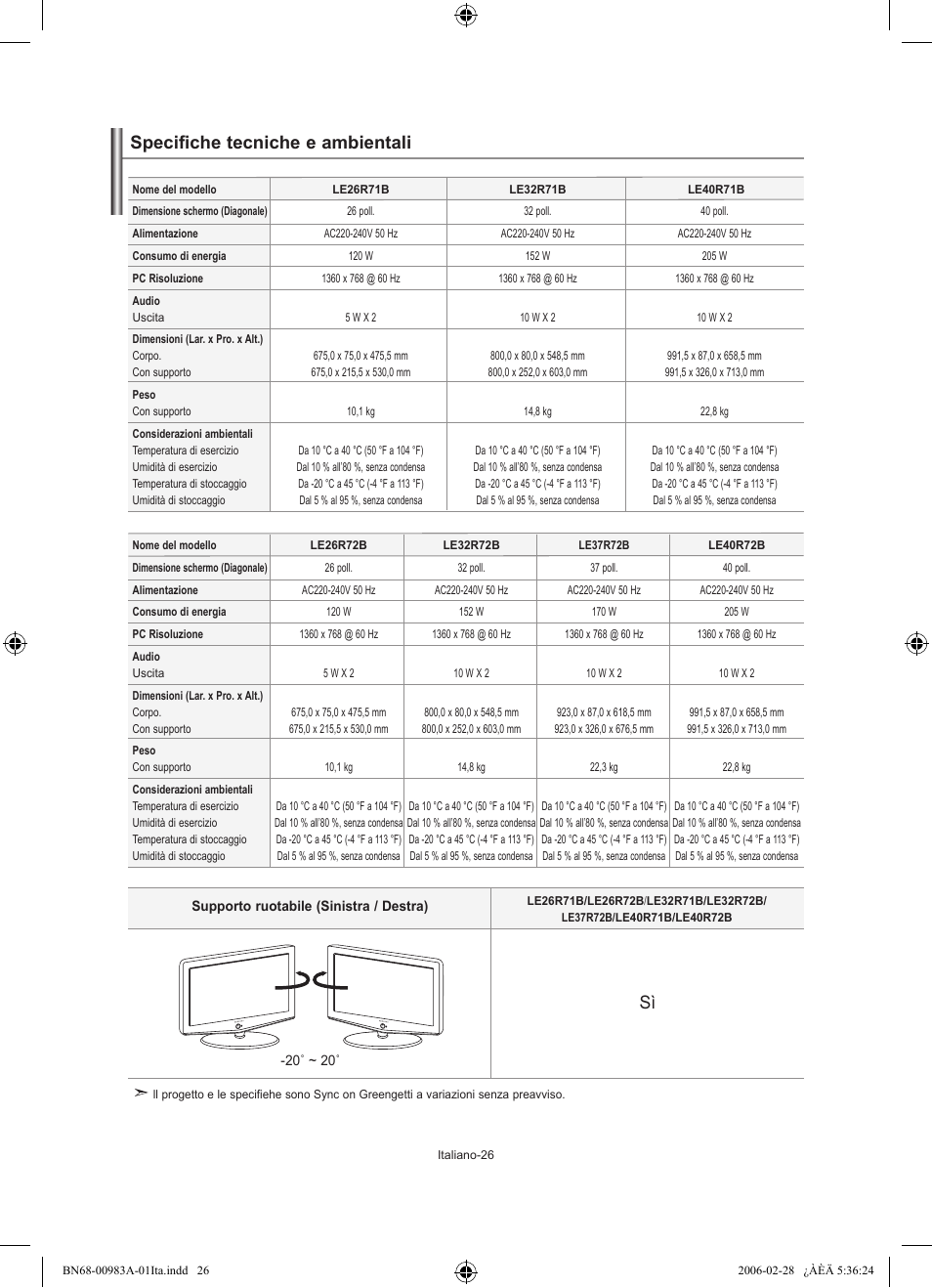 Specifiche tecniche e ambientali | Samsung LE32R72B User Manual | Page 184 / 187