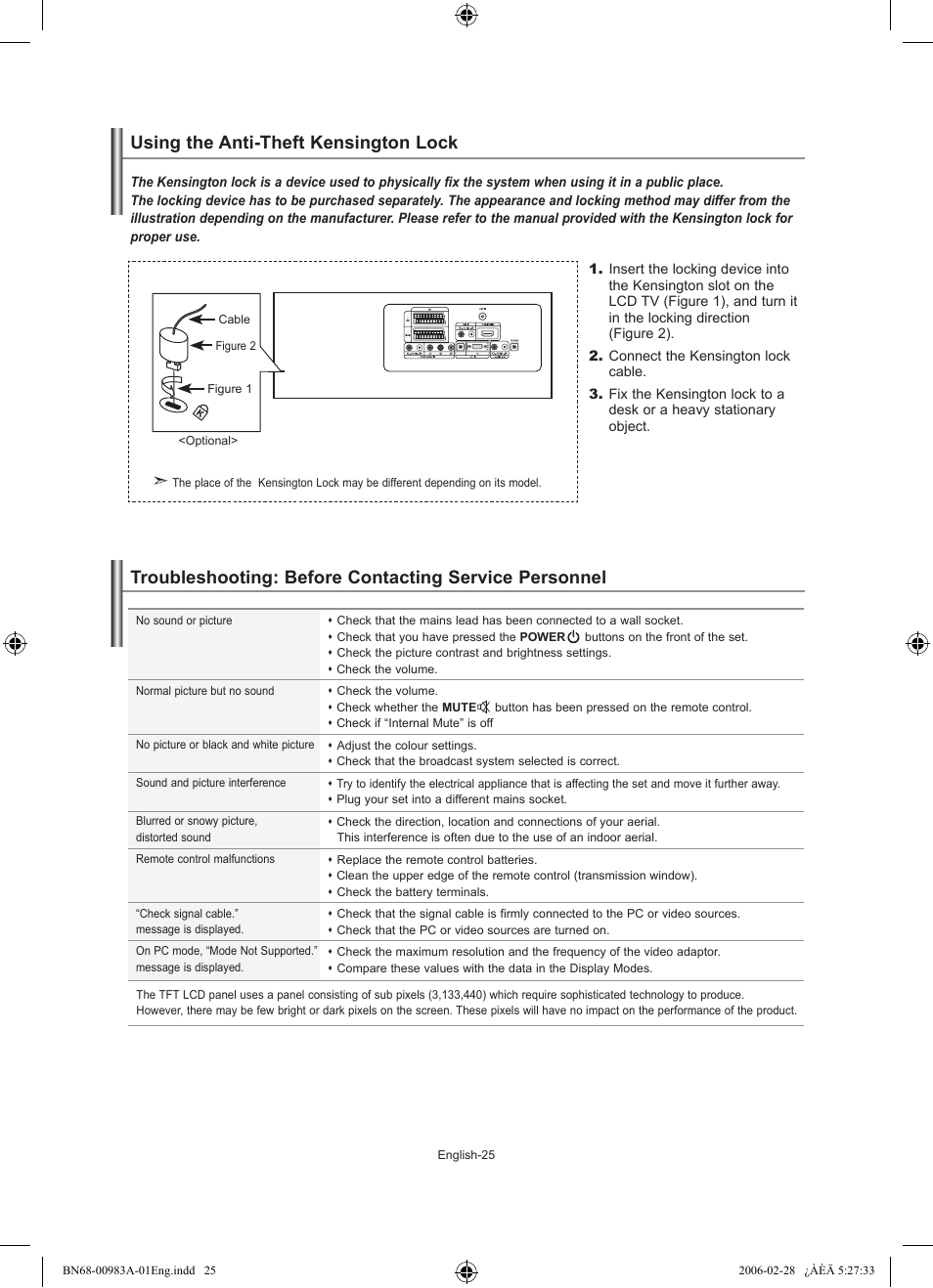 Recommendations for use, Using the anti-theft kensington lock | Samsung LE32R72B User Manual | Page 27 / 187