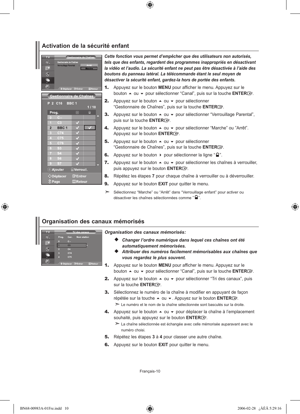 Organisation des canaux mémorisés, Activation de la sécurité enfant | Samsung LE32R72B User Manual | Page 38 / 187