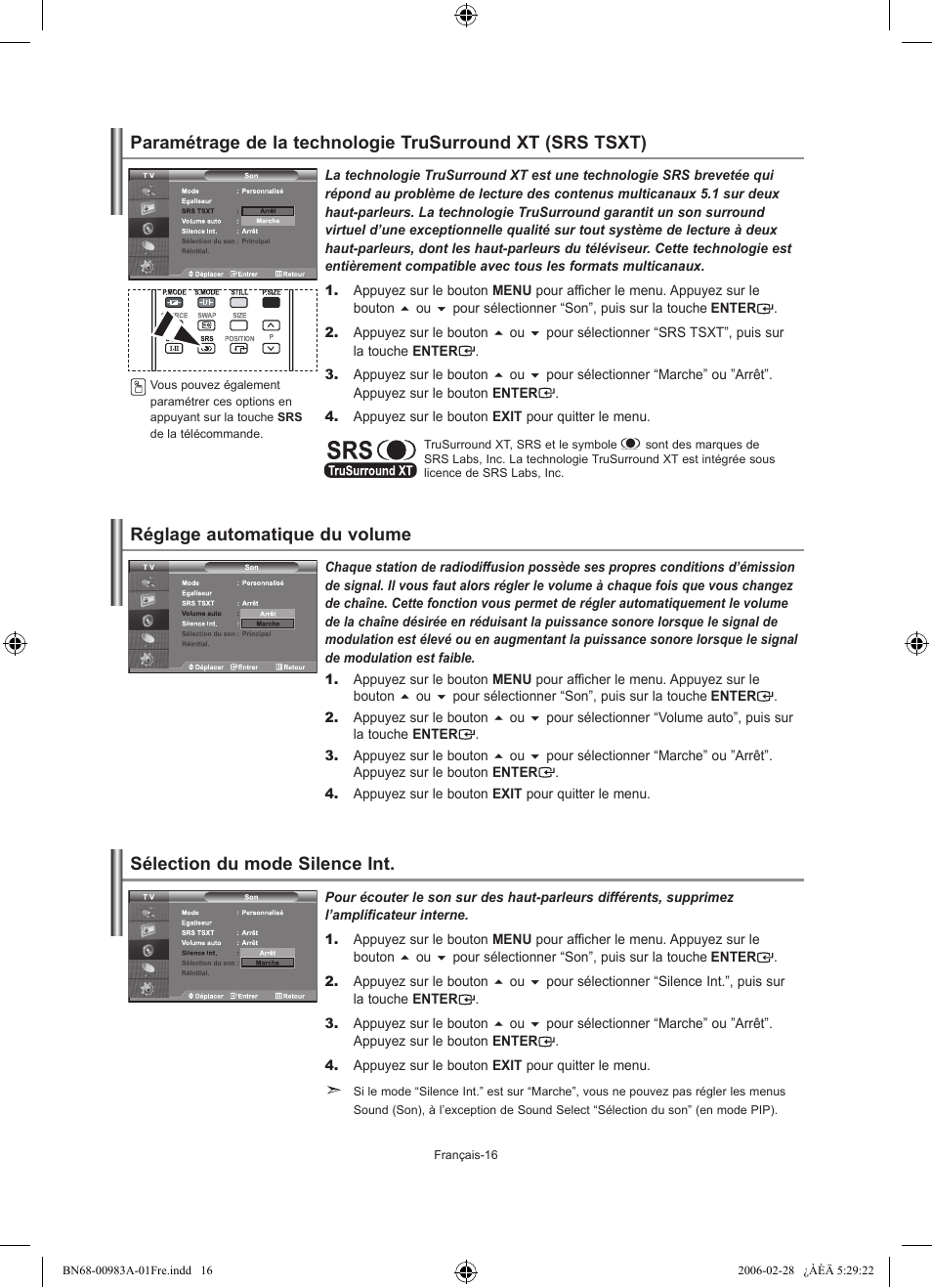 Réglage automatique du volume, Sélection du mode silence int | Samsung LE32R72B User Manual | Page 44 / 187