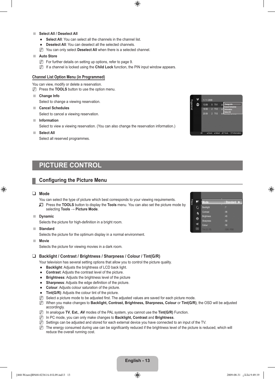 Picture control, Configuring the picture menu | Samsung LE32B460B2W User Manual | Page 15 / 296