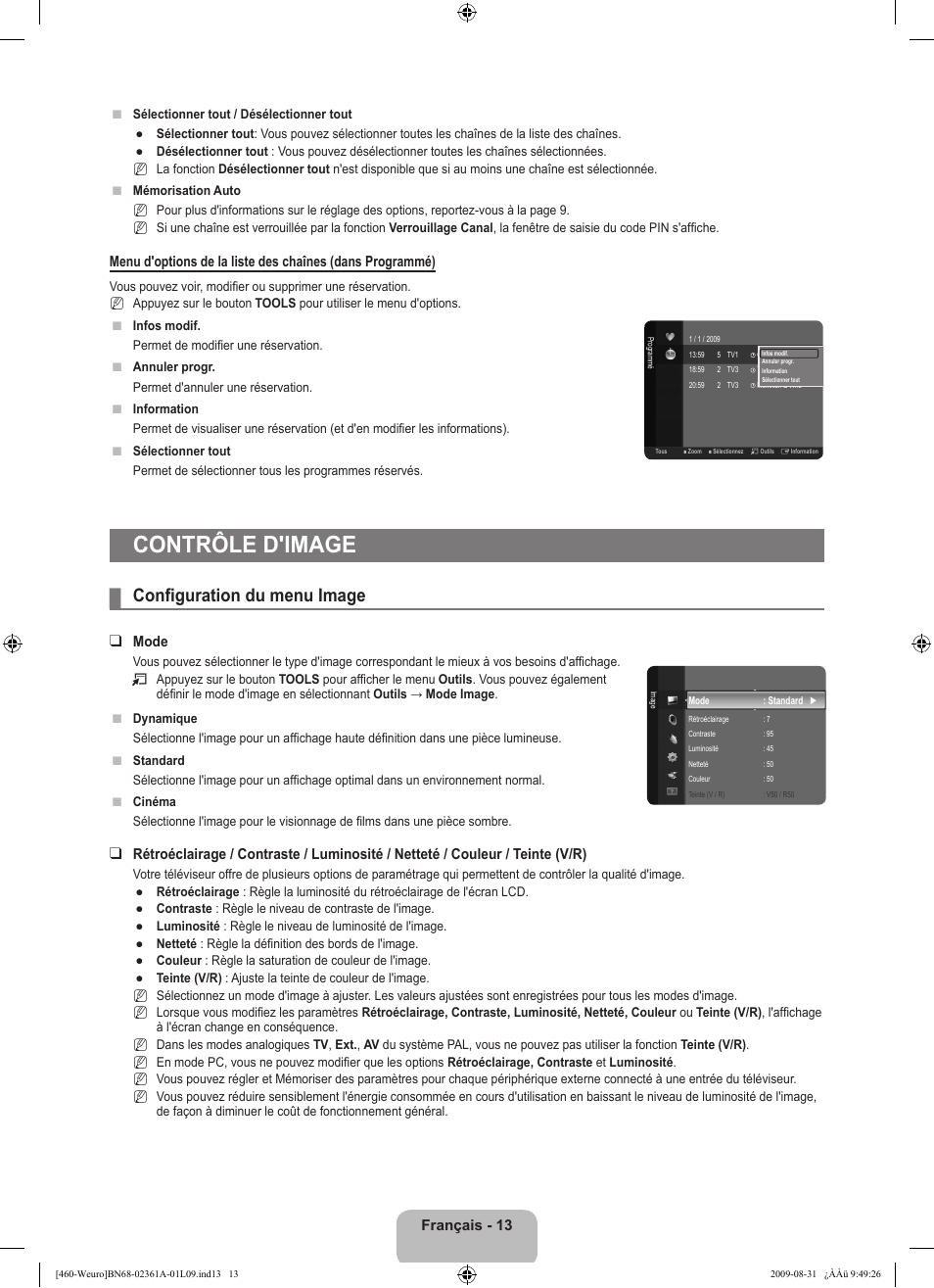 Contrôle d'image, Configuration du menu image | Samsung LE32B460B2W User Manual | Page 47 / 296