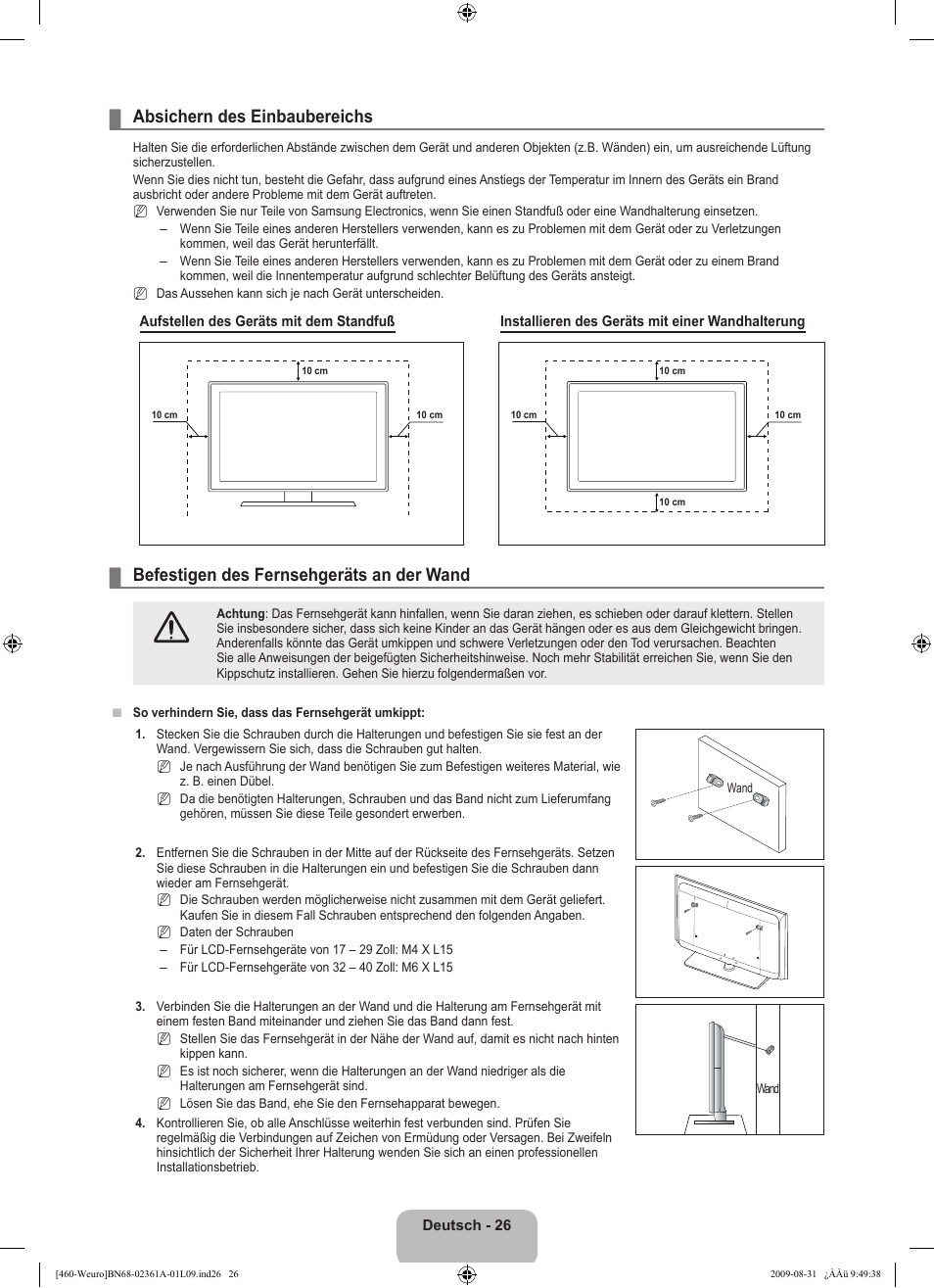 Absichern des einbaubereichs, Befestigen des fernsehgeräts an der wand | Samsung LE32B460B2W User Manual | Page 92 / 296
