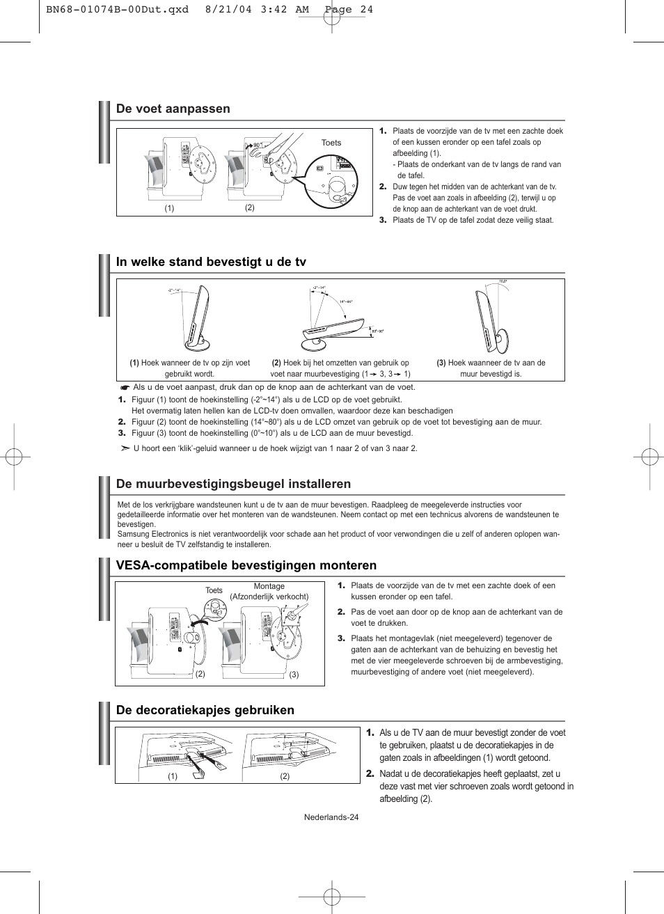 De voet aanpassen in welke stand bevestigt u de tv | Samsung LE19R71B User Manual | Page 101 / 179
