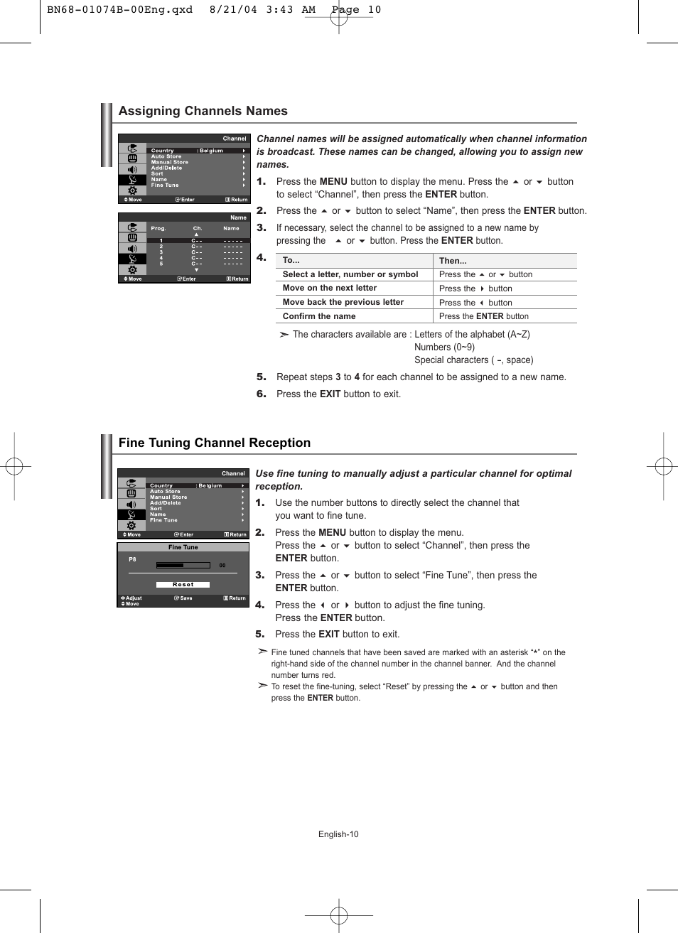 Assigning channels names, Fine tuning channel reception | Samsung LE19R71B User Manual | Page 12 / 179