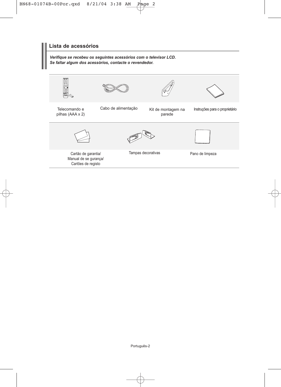 Lista de acessórios | Samsung LE19R71B User Manual | Page 129 / 179
