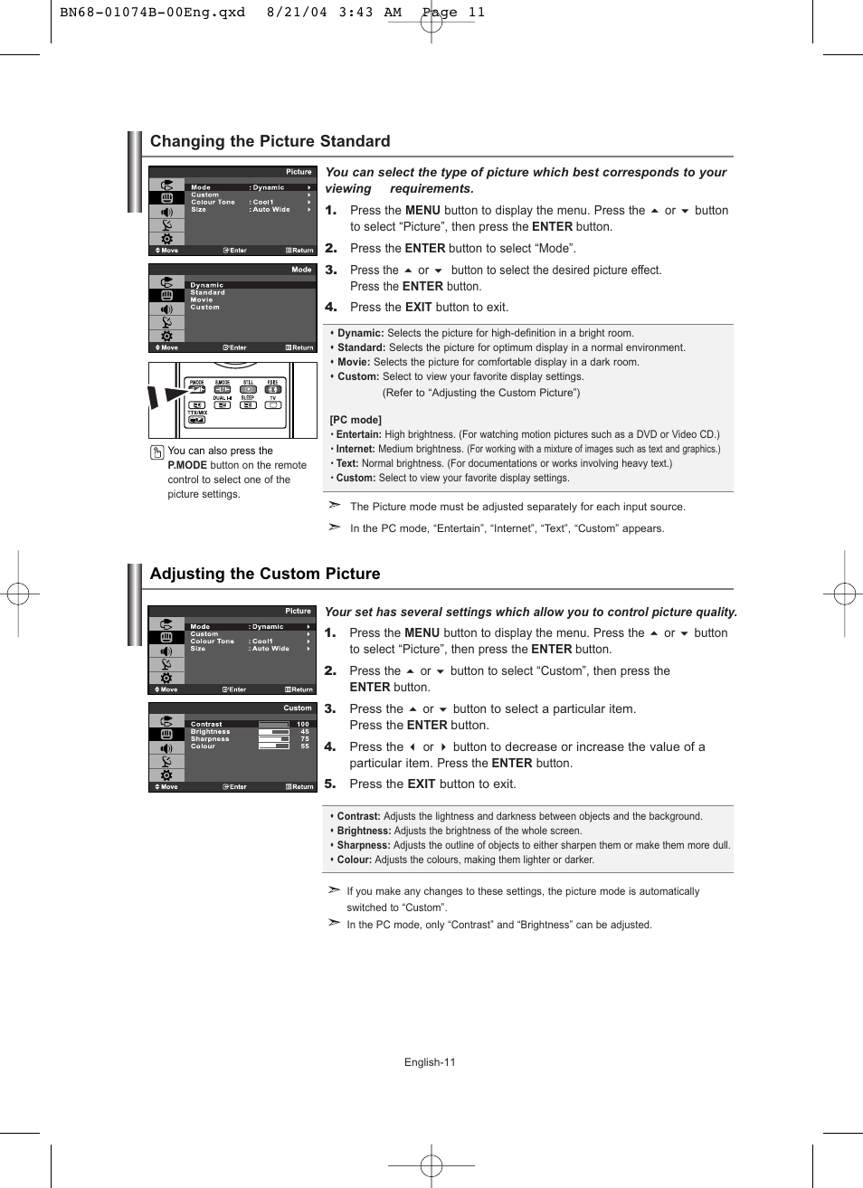 Setting the picture, Changing the picture standard, Adjusting the custom picture | Samsung LE19R71B User Manual | Page 13 / 179
