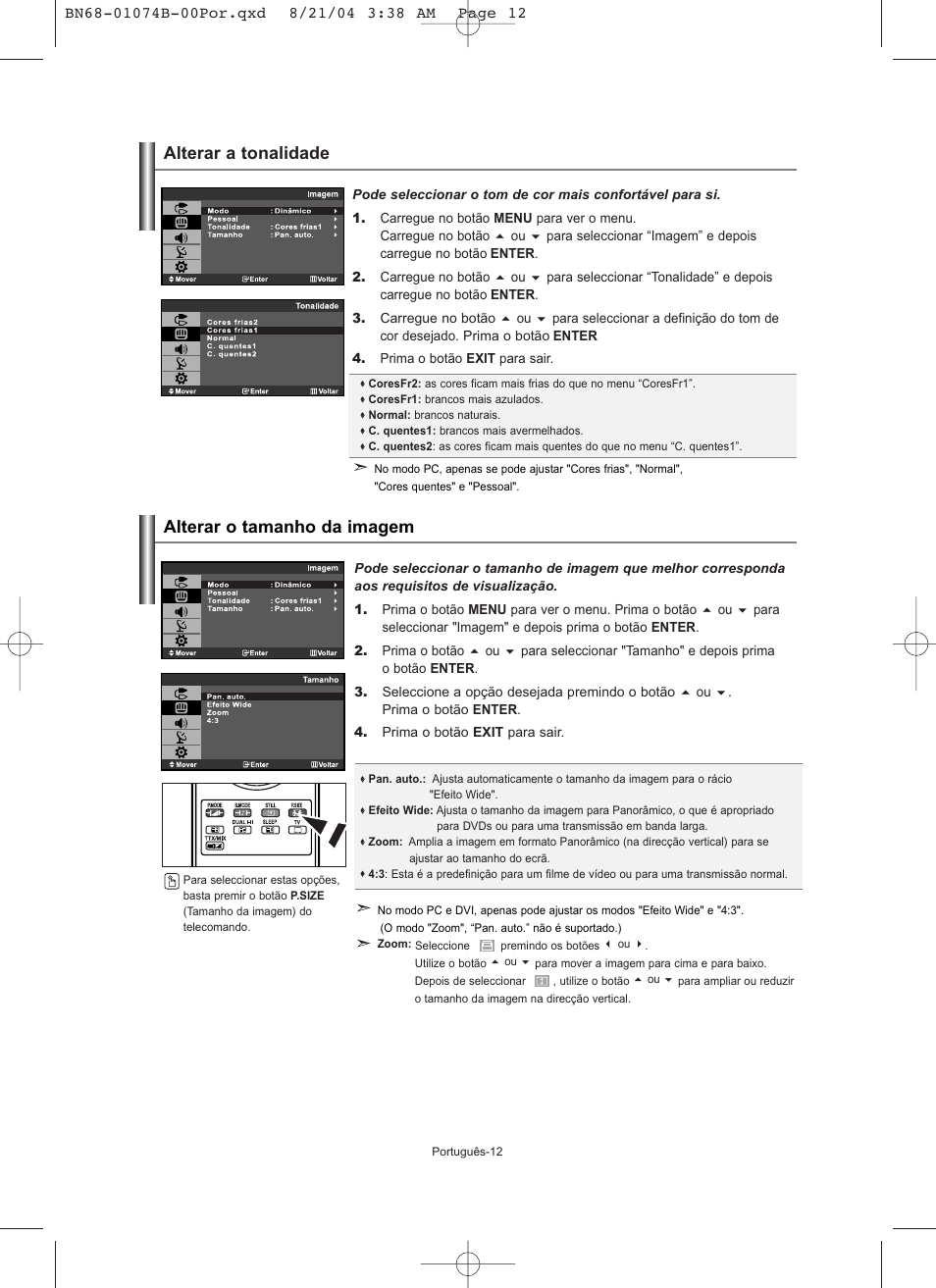 Alterar a tonalidade alterar o tamanho da imagem | Samsung LE19R71B User Manual | Page 139 / 179