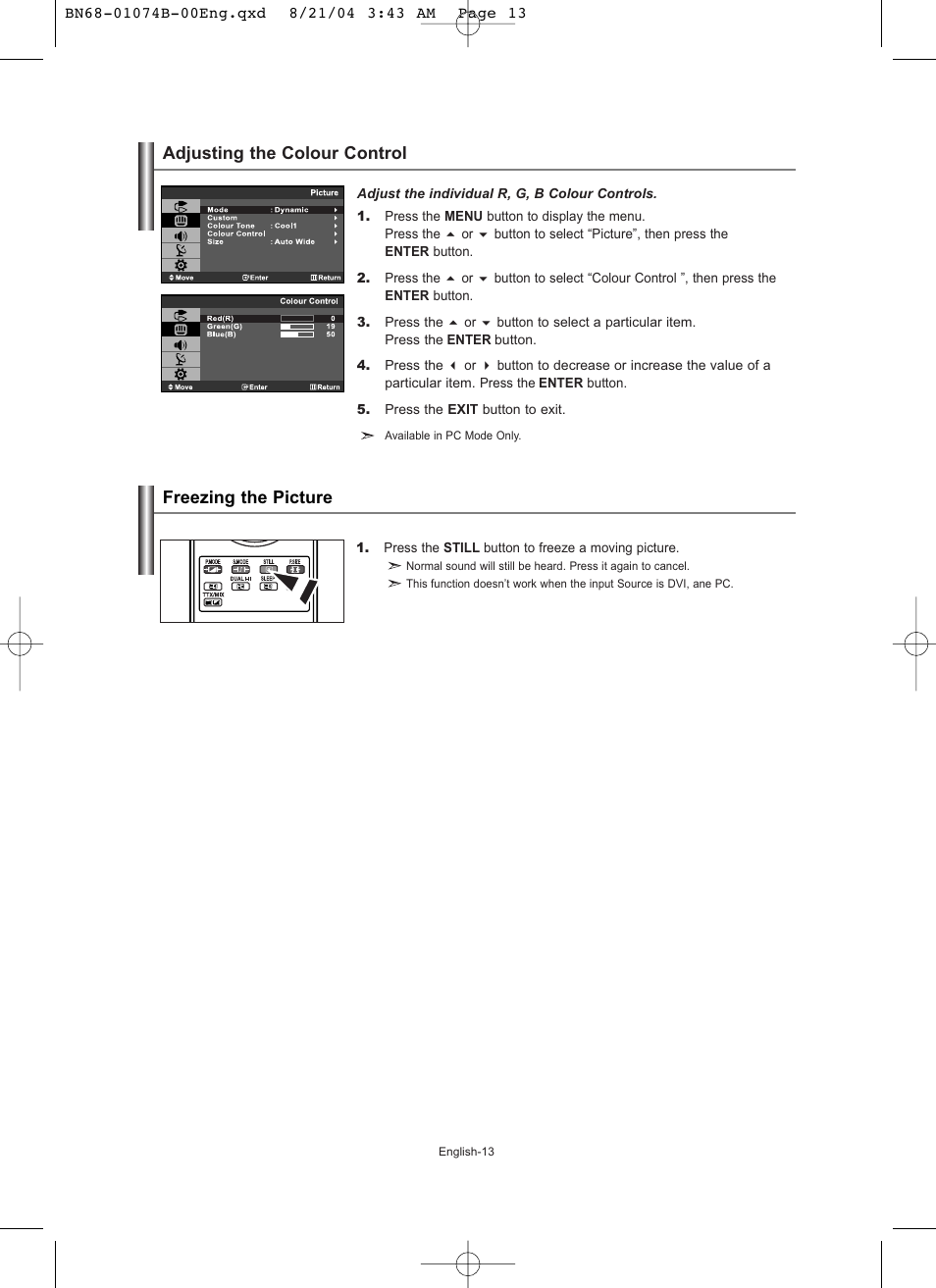 Adjusting the colour control, Freezing the picture, Adjusting the colour control freezing the picture | Samsung LE19R71B User Manual | Page 15 / 179