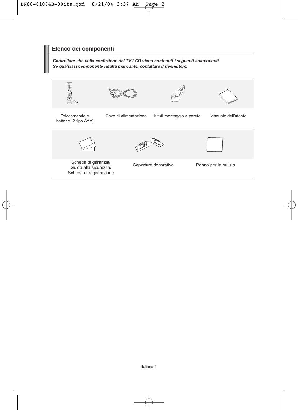 Elenco dei componenti | Samsung LE19R71B User Manual | Page 154 / 179