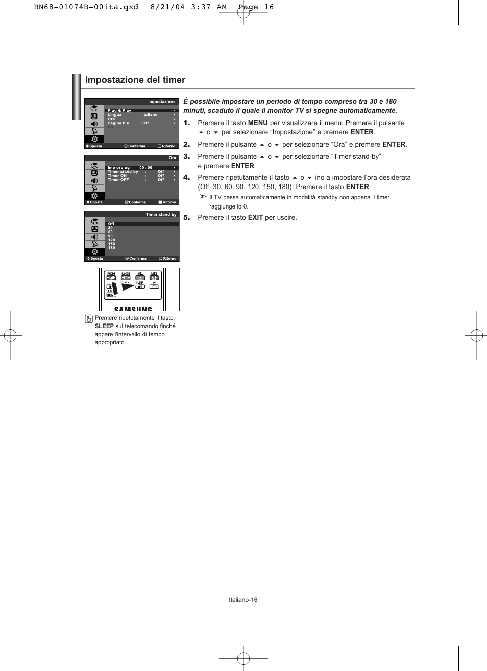 Impostazione del timer | Samsung LE19R71B User Manual | Page 168 / 179