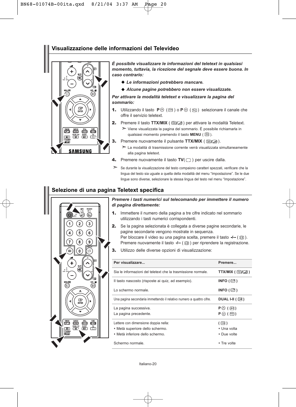 Selezione di una pagina teletext specifica, Visualizzazione delle informazioni del televideo | Samsung LE19R71B User Manual | Page 172 / 179