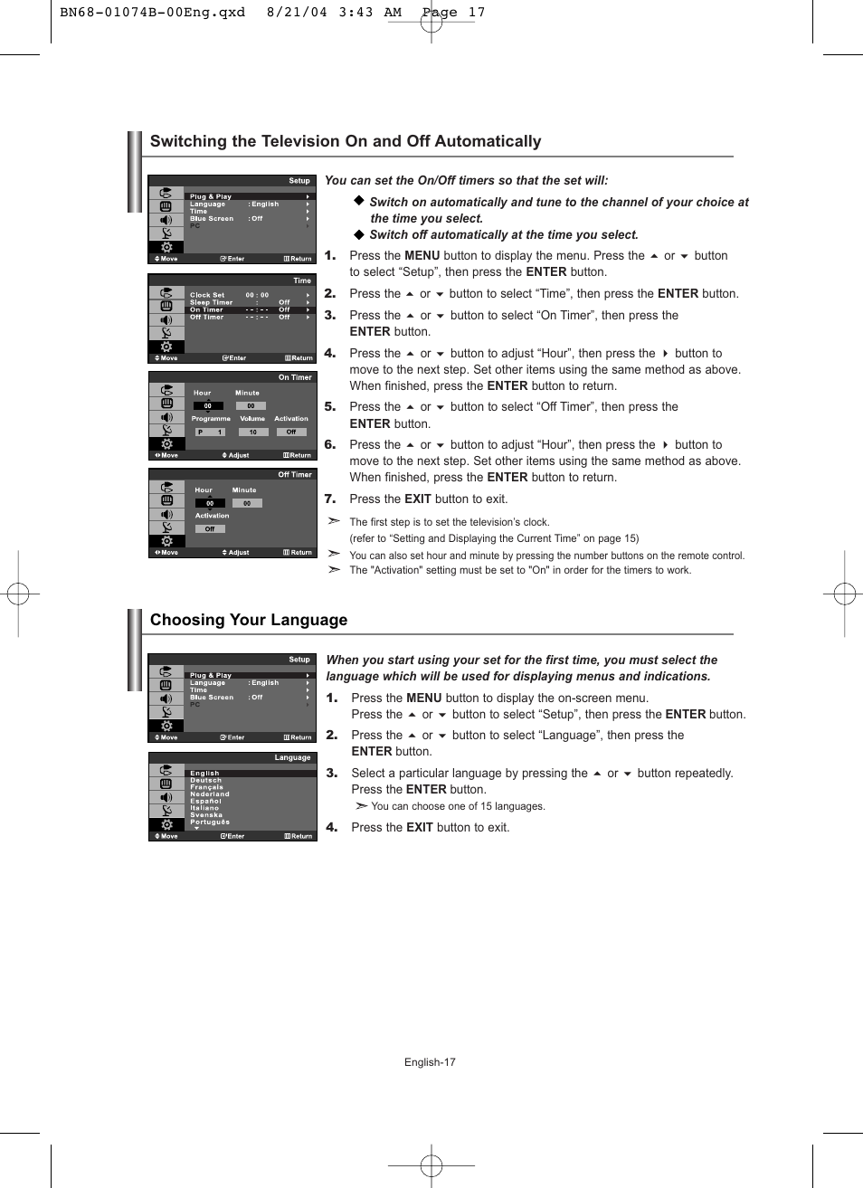 Switching the television on and off automatically, Setting the others, Choosing your language | Samsung LE19R71B User Manual | Page 19 / 179