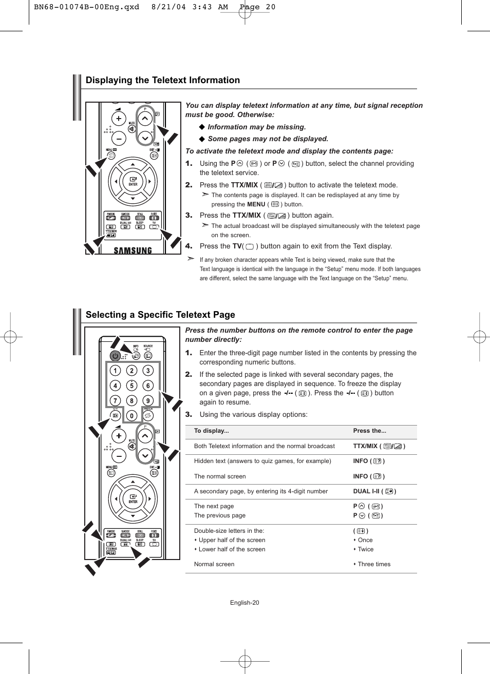Displaying the teletext information, Selecting a specific teletext page | Samsung LE19R71B User Manual | Page 22 / 179