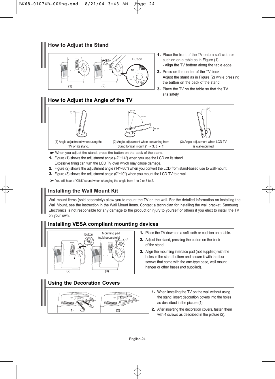 Recommendations for use, How to adjust the stand, How to adjust the angle of the tv | Installing the wall mount kit, Installing vesa compliant mounting devices, Using the decoration covers | Samsung LE19R71B User Manual | Page 26 / 179