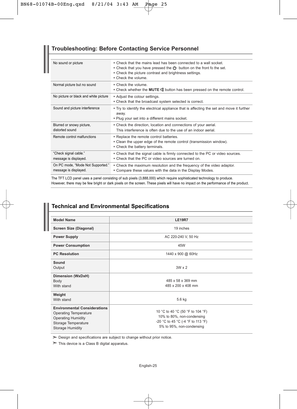 Technical and environmental specifications | Samsung LE19R71B User Manual | Page 27 / 179