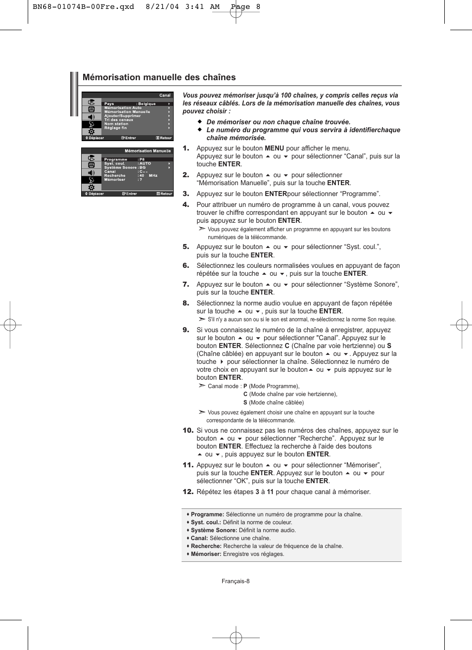 Mémorisation manuelle des chaînes | Samsung LE19R71B User Manual | Page 35 / 179