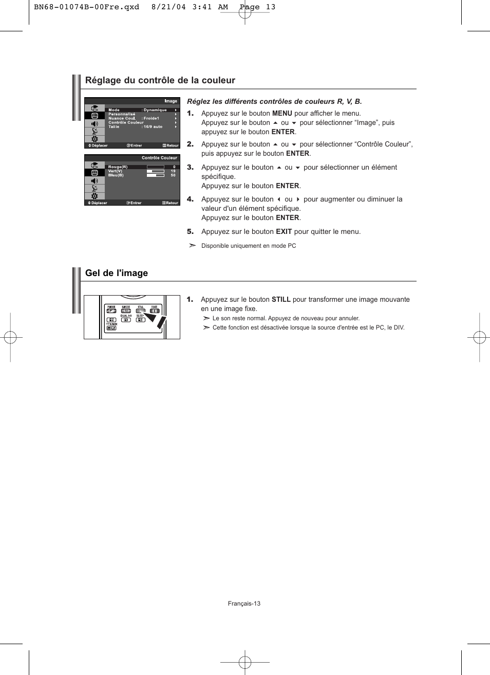 Réglage du contrôle de la couleur gel de l'image | Samsung LE19R71B User Manual | Page 40 / 179